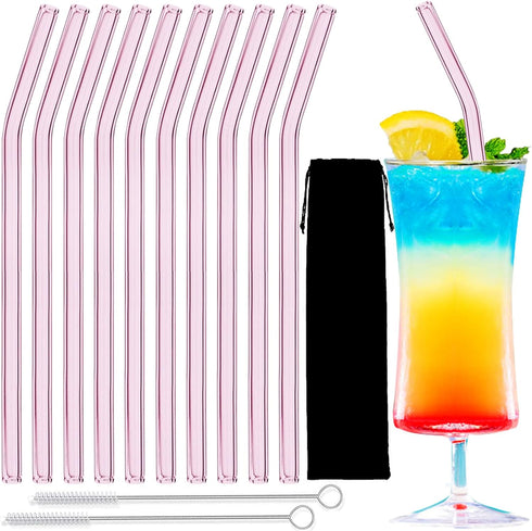 10 Pack Reusable Pink Glass Straws, 8" Shatter-Resistant Bent Drinking Straws for Smoothies, Milkshakes, Hot/Cold Drinks, with 2 Cleaning Brushes ...