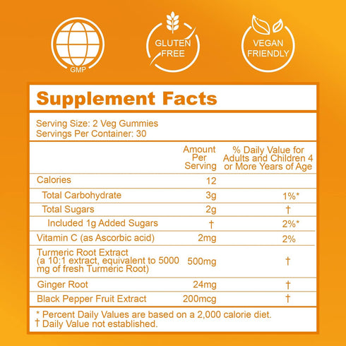 Turmeric Curcumin Gummies 500mg for Adults, with Black Pepper, Ginger Root, Vitamine C, Low Sugar Fruit Gummies, Orange Flavor - 120 Gummies...
