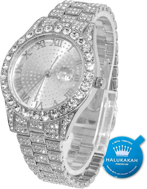 Halukakah Diamonds Gold Watch Iced Out,Men's 18K Real Gold/Platinum White Gold Plated 42MM Width Round Dial Quartz Wristband 9.5" with Cuban Link ...