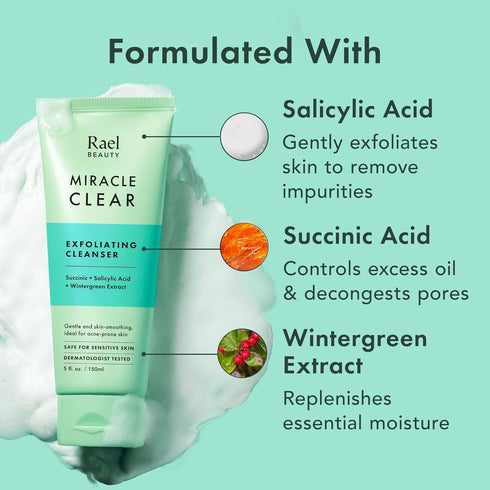 Rael Face Wash, Miracle Clear Exfoliating Cleanser - Face Cleanser for Oily & Acne Prone Skin, Korean Skincare, Gentle Facial Cleanser, Hydrating,...