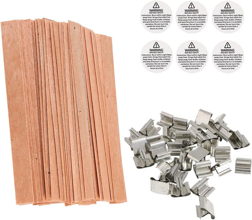 BENBO 154Pcs Wood Candle Wicks, 5.1 X 0.5 Inch Smokeless Crackling Natural Wicks with Iron Stand and Candle Warning Labels for DIY Craft (50 Sets)...