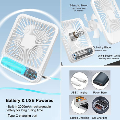 Desk Fan Battery Operated Fan, USB Rechargeable Desktop Fans Small Quiet 180° Foldable Portable Fan for Office Bedroom Travel Outdoor, 5 Speeds Ad...
