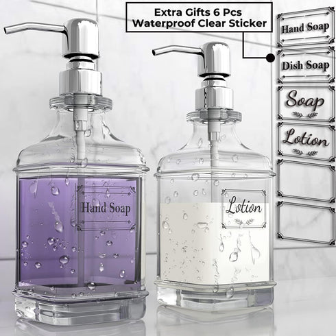 GLADPURE Soap Dispenser - 2 Pack, 18 Oz Antique Design Thick Glass Hand Soap Dispensers; with 304 Rust Proof Stainless Steel Pump, 6Pcs Clear Stic...