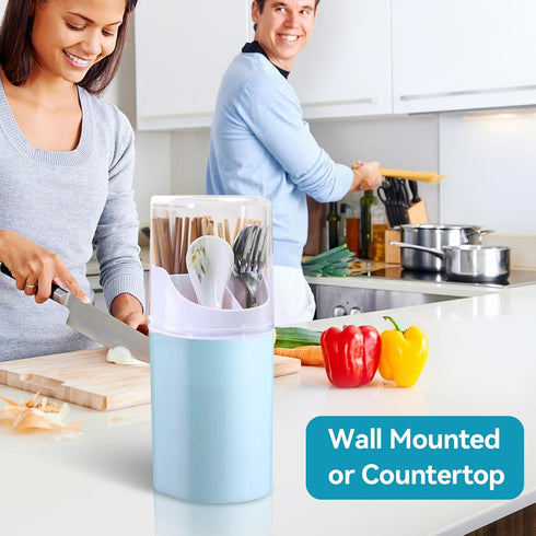 Kitchen Utensil Holder with Cover, 4 Compartment Wall-Mounted Countertop Plastic Silverware Holder Utensil Drying Rack for Cutlery, Chopstick, Spo...