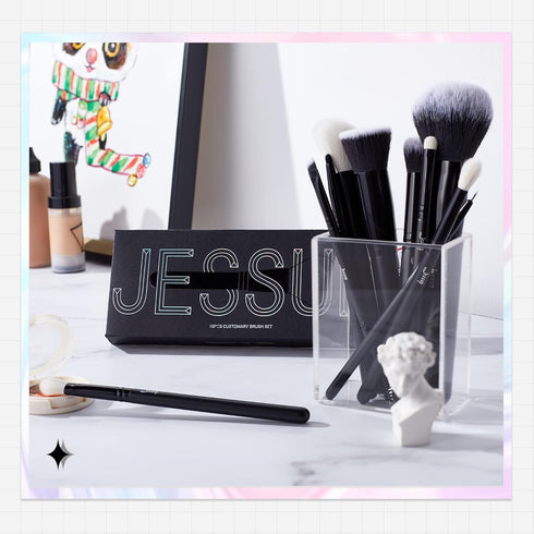 Jessup Makeup Brush Set 10pcs Black Make up Brushes Set Professional with Natural Synthetic Hair for Foundation Blending Blush Concealer Eyeshadow...