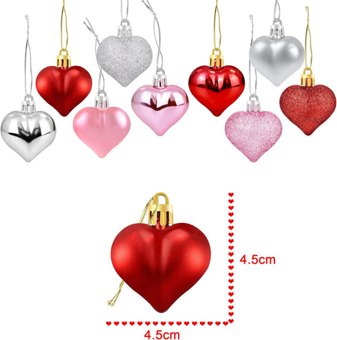 36Pcs Valentines Heart Shaped Ornaments - Valentines Heart Decorations - Red Pink Silver Glitter Heart Shaped Baubles - Romantic Christmas Valenti...
