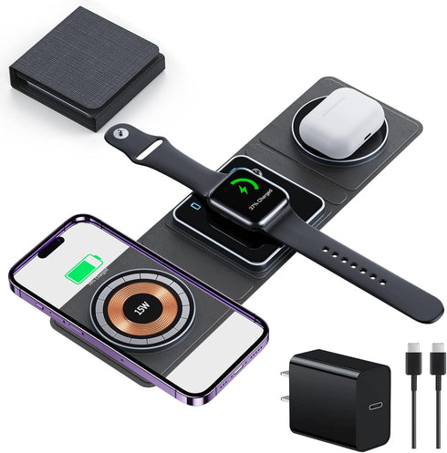 Wireless Charger Travel Charging Station, Compatible with Apple Magsafe iphone15/14/13 Pro/12 Pro Max, iWatch Series/AirPods Pro (with Adapter) fo...