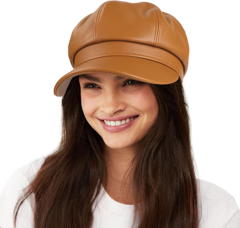 Womens PU Leather Newsboy Cap 8 Panel Paperboy Newsie Cap Bakerboy Cap Beret Cabbie Cap Hat...