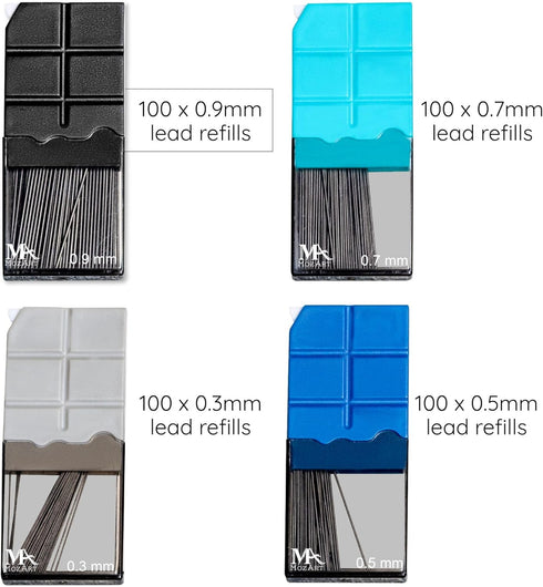 Mozart Essential Set of Lead Refills - 4 Sizes: 0.3, 0.5, 0.7 & 0.9 mm with 100 HB Lead Refills for Each - for Sketch, Architecture, Drafting, Art...