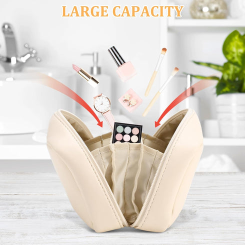 2 Pack Small Travel Makeup Bag for Women, PU Leather Travel Cosmetic Bag Waterproof Open Flat Makeup Bag with Small Makeup Purse Coin Pouch...