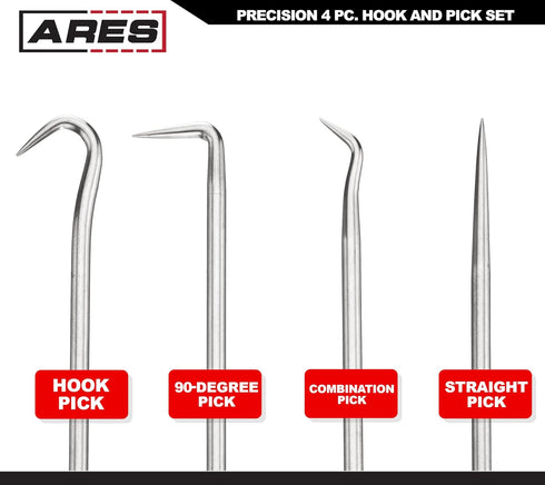 ARES 70256 - Precision Hook and Pick Set - 4-Piece Set Includes Precision 90 Degree, Hook, Combination and Straight Hooks and Picks - Chrome Vanad...