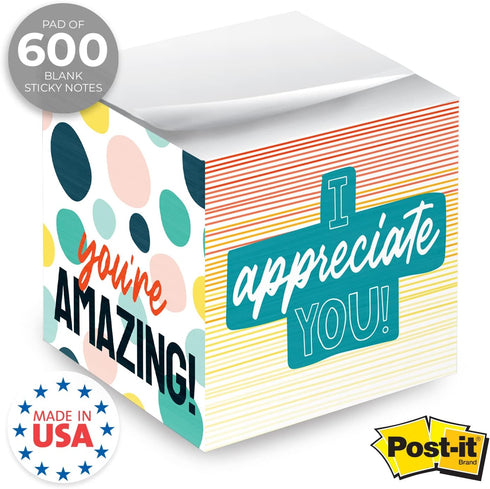 Modern Appreciation Sticky Note Cube / 600 Sheets / 2.75" Motivational Memo Block Printed On 4 Sides/Colorful Empowering Messages/Made in USA...