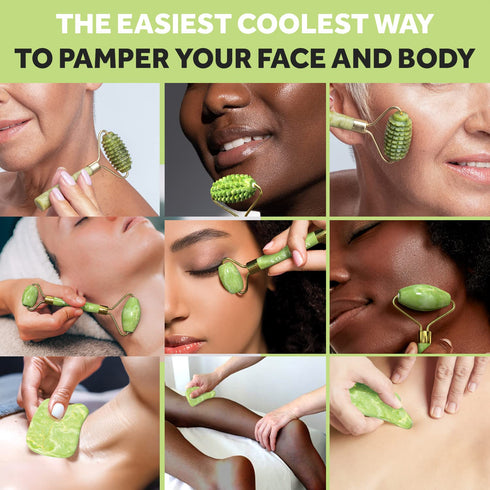 Jade Roller for Face and Gua Sha Set - 2 Anti-Aging Facial Rollers and Gua-Sha Facial Tool - Face and Body Massager for Your Skincare Routine - Ma...
