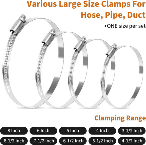 4 1/2 Inch Stainless Steel Hose Clamps, Heavy Duty Metal Clamps, Adjustable Large Duct Clamps Dryer Hose Clamps, Worm Gear Hose Clamp Assortment K...