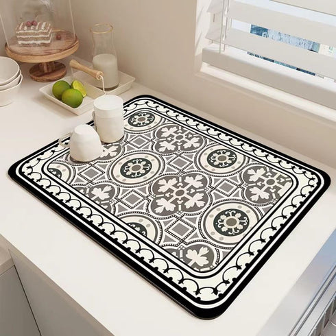 Black Coffee Bar Mat Dish Drying Mat for Kitchen Counter, 15.7"x19.7" Diatomite Super Absorbent Hide Stain Coffee Mat with Non-slip Rubber Backed,...