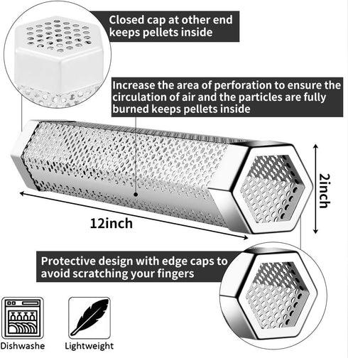 Hexagon Pellet Smoker Tube,12 inch Stainless Steel BBQ Wood Pellet Tube Smoker for Cold/Hot Smoking,5 Hours of Billowing Smoke-for Any Grill or Sm...