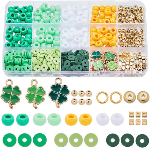 SUNNYCLUE 961Pcs St Patrick's Day Charms 8mm Pony Beads Round Opaque Polymer Clay Heishi Flat Disc Beads Enamel Four Leaf Clover Charms Irish Sham...