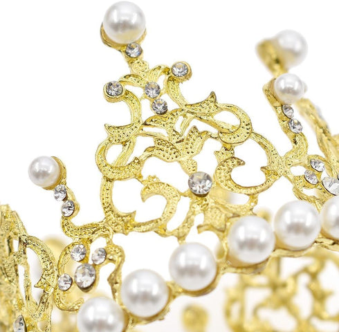 JANOU Crown Tiara Cake Topper Crystal Pearl Children Hair Ornaments for Wedding Birthday Party Cake Decoration (Gold)...
