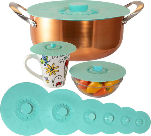 Silicone Lids Extra Large Teal Set of 6 Sturdy Suction Seal Covers. Universal fit for Pots, Fry Pans, Cups, and Bowls 5" to 12". Natural grip hand...