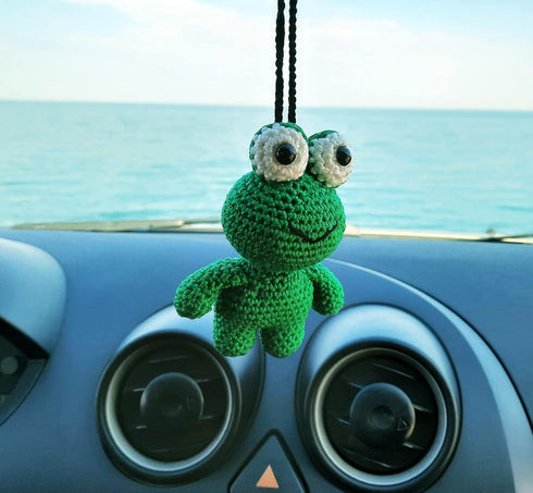 Handmade Frog Crochet Car Rear View Mirror Holder, Hanging Accessories Ornaments Cute Rearview Mirror Charm Decor, A Gift for Frog Lovers Car Hang...