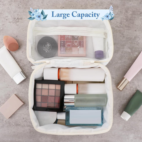 Quilted Cotton Makeup Bag - Blue Cute Floral Travel Cosmetic Bags Large Aesthetic Skincare Pouch with Compartments for Women and Girls Toiletry Or...