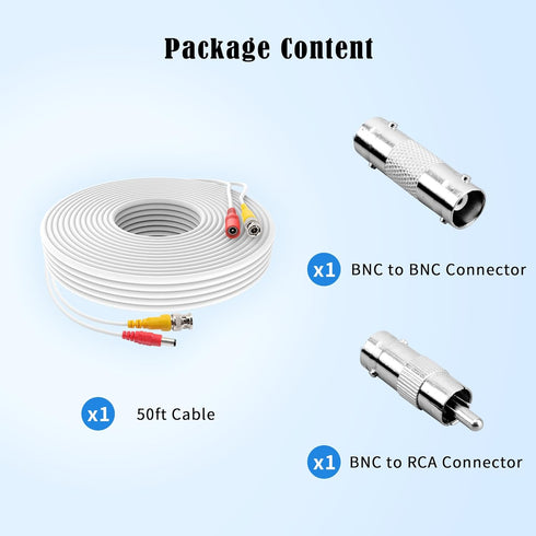 1 Pack 50ft White BNC Video Power Cable Security Camera Cable Wire Cord for CCTV DVR Surveillance System with Connectors (BNC Female and BNC to RC...