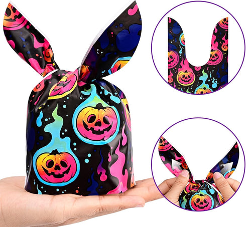 100PCS Halloween Treat Bags Candy Bags, Kids Trick or Treat Bags Goodie Bags, Cute Rabbit Ear Small Halloween Cookies Plastic Gift Bags for Hallow...