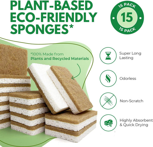 Natural Kitchen Sponges Pack of 15, Cellulose & Coconut Dish Sponge, Walnut Scrubber Sponges, Plate Friendly, No Scratch Eco Dishwashing Sponge fo...