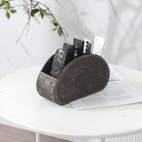 TV Remote Holder, PU Leather TV Remote Holder For Table with 5 Compartments, Office Desk Organizer for Pen, Pencil, Stationary, Brown PH89...