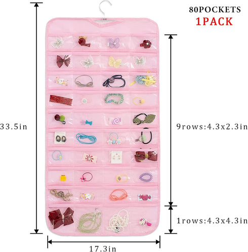 1-Pack Hanging Jewelry Organizer 80-Pocket Dual-sided Jewelry Storage for Jewelry Earring Necklace Bracelet Ring Storage Travel Holder, Pink...