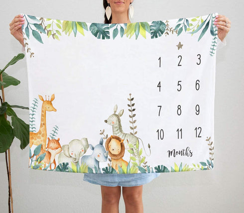 Popfavors, Yuzioey Safari Baby Monthly Milestone Blanket - Jungle Animals Growth Chart for Nursery Decor - White, 50Inx40In - Includes Marker...