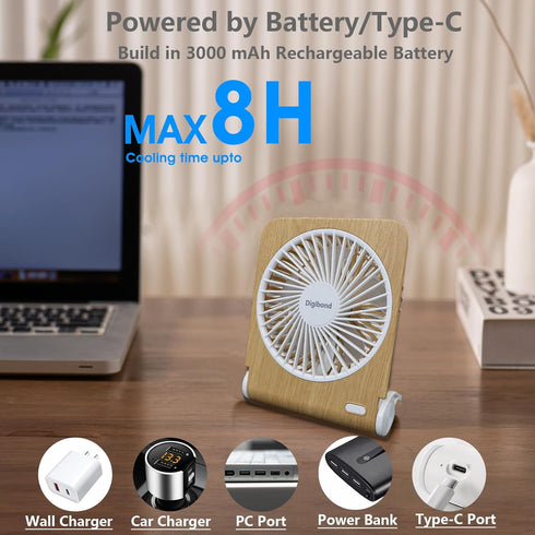 Desk Fans Small Quiet 5in 225° Rotatable Foldable&Rechargeable 3000mAh Battery Operated Strong Airflow Portable for Home/Office(Light Wood)...
