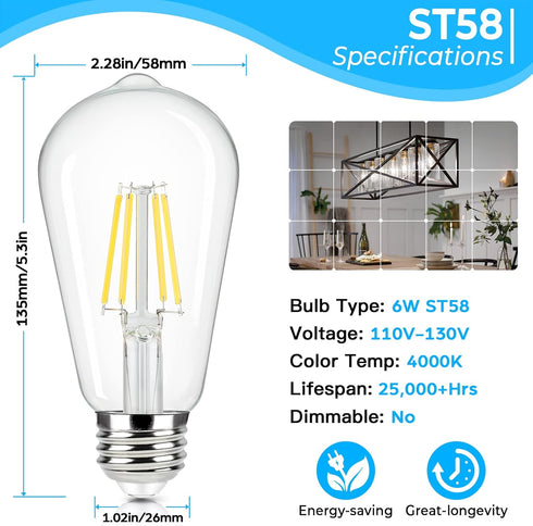 Brightever Vintage LED Edison Bulbs 60 Watt Equivalent, 6W ST58 Super Bright 4000K Neutral Daylight White, Clear Glass Style 700Lumens Antique LED...