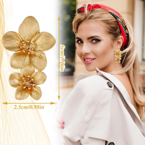 Gold Flower Earrings Double Flower Gold Statement Earrings for Women, Hypoallergenic Gold Floral Earrings Large Gold Earrings for Women Boho Jewel...