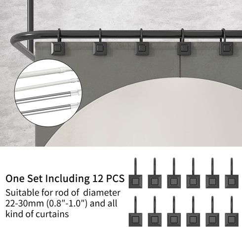 GILLAS Shower Curtain Decorative Hooks, Set of 12 Shower Curtain Rod Rings for Bathroom Rust Resistant Square, Black...