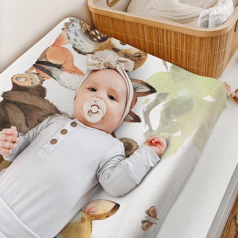 Woodland Animal Friends Changing Pad Cover for Baby Girl Boy, Natural Forest Deer Bear Fox Owl Diaper Change Table Covers, Soft Stretchy Safe Snug...