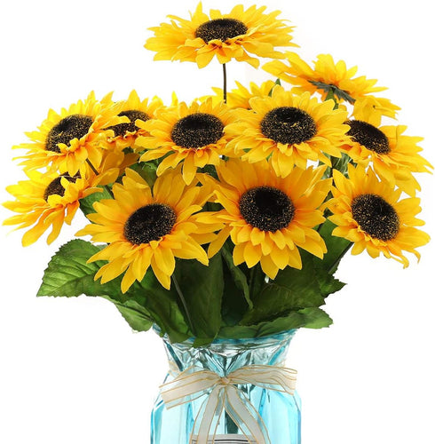 DerBlue 15.74'' Artificial Sunflowers Bouquet with 14 Heads(Two Different Diameter of Flowers) and 40 Leaves Fake Silk Sunflowers Bouquet for Home...