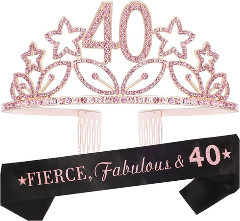 MEANT2TOBE 40 and Fabulous Sash and Tiara Set for Women Forty and Fierce Glitter Sash and Rhinestone Crown - Elegant Accessories for 40th Birthday...