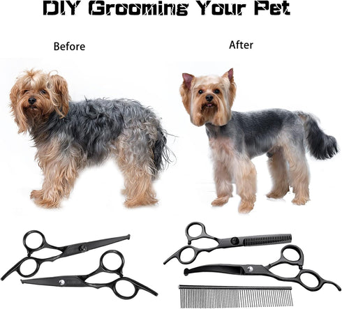 Dog Grooming Scissors Kit with Safety Round Tips, Professional 6 in 1 Grooming Scissors for Dog, Cats, Pets, 4CR Stainless Steel, Sharp and Durabl...