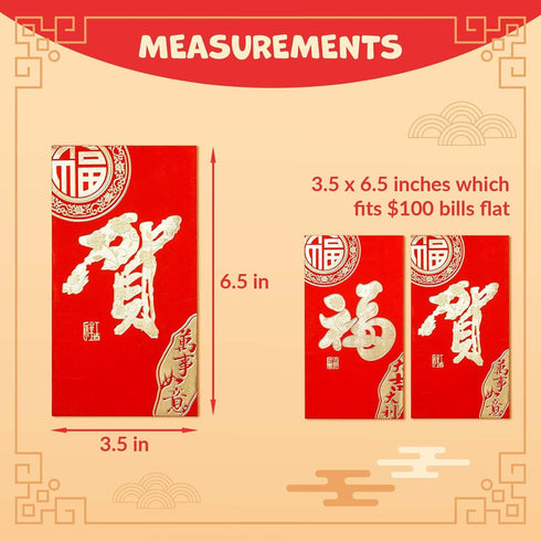 Chinese New Year Red Envelopes - 24-Count Chinese Red Packets, Hong Bao with Gold Foil Design, Gift Money Envelopes, Fu, He, 2 Designs...