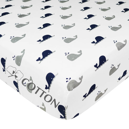 American Baby Company 100% Natural Cotton Fitted Crib Sheet 52" x 28" - Soft, Breathable, Hypoallergenic & Gentle Toddler Bed Sheet, Navy Whale, N...
