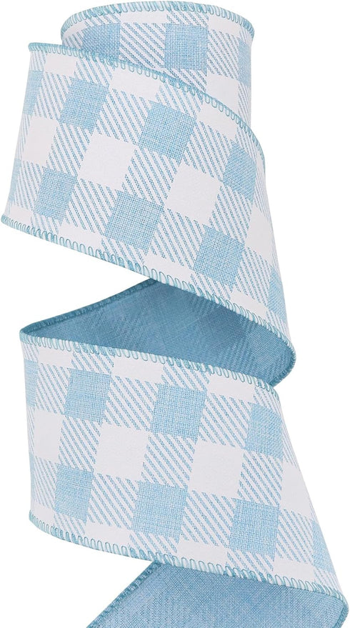 2.5 Inch Wired Edge Burlap Ribbon, Blue Gingham Plaid Checked Ribbons, Easter Ribbons Summer Spring Wired Ribbon,for Gift Wrapping, Wreath, Crafts...