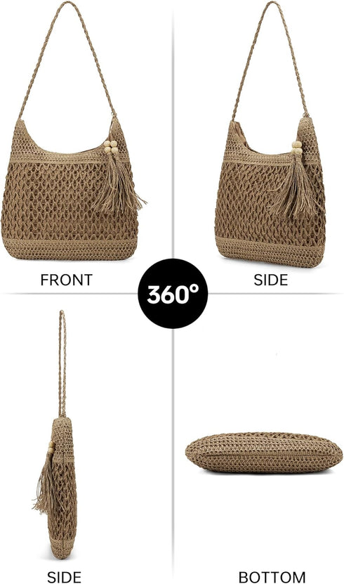 Straw Packable Mesh Beach Bag Large Beach Bag The Tote Bag for Women Hobo Bags for Women Crossbody Purses for Women Travel Beach Bag Woven Beach B...