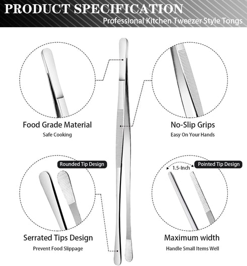 JETKONG 2 Pcs 12-Inch Cooking Tweezers Stainless Steel, Straight Food Tweezers, Professional Kitchen Tweezers/Forceps for Cooking Repairing and BB...
