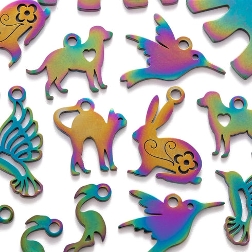 COGCHARGER 16 Pcs 8 Style Stainless Steel Filigree Charms Animal Shape Rainbow Pendants Multi Color Charms Pendants for Jewelry Earring Necklace M...