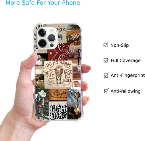 Retro Western Cowboy Collage Case Compatible with iPhone 15 Pro, Cool Boho Wild West Bull Case for Teens Men and Women, Trendy Soft TPU Bumper Cas...