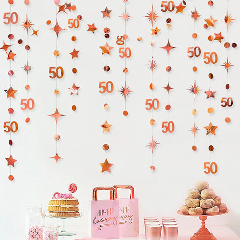 Rose Gold 50th Birthday Decorations Number 50 Circle Dot Twinkle Star Garland Metallic Hanging Streamer Bunting Banner Backdrop for 50 Year Old Bi...