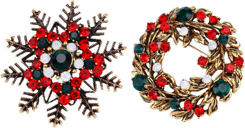 2Pcs Christmas Brooch Pin Rhinestone Brooch with Christmas Wreath Snowflake Design Enamel Lapel Pins for Christmas Holiday Party...