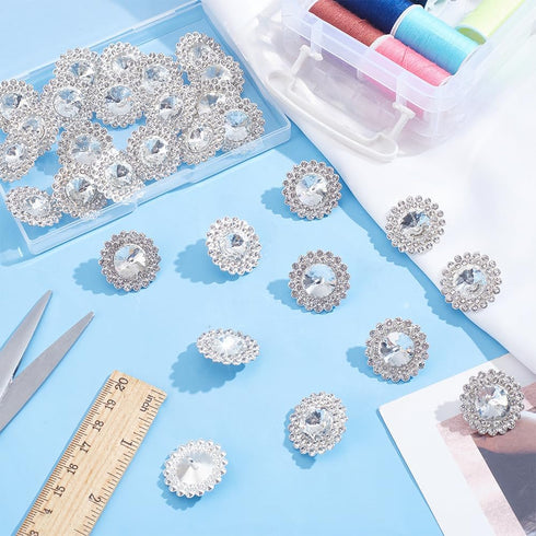 30pcs 1inch Silver Round Rhinestone Buttons Sparkle Embellishments Glass Crystal Buttons 1-Hole Alloy Rhinestone Shank Buttons for Clothing Button...