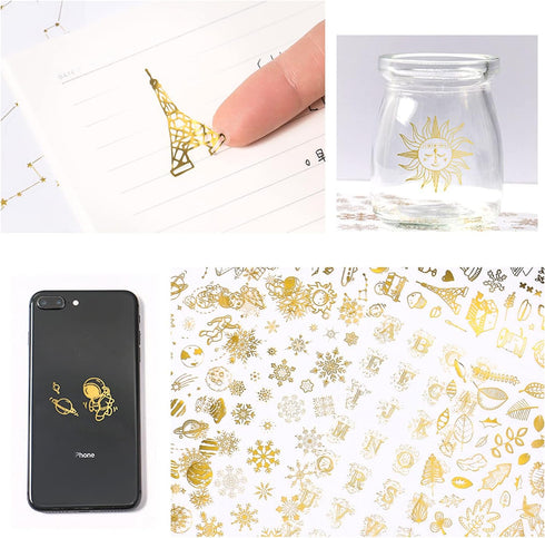 Gold Stamping Stickers for Kids & Toddlers 8 Sheets 400+ Gilding Peel-Off Stickers for Scrapbooking Bullet Journal Including Outer Space,Leaves,Sn...
